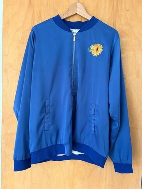 Blue Bomber Jacket with Sunflower Embroidery